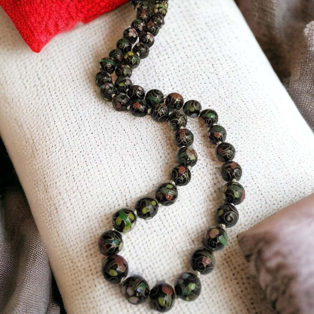 Vintage Chinese Cloisonne Black Enamel Floral Bead Necklace Gold Tone 24 Inch